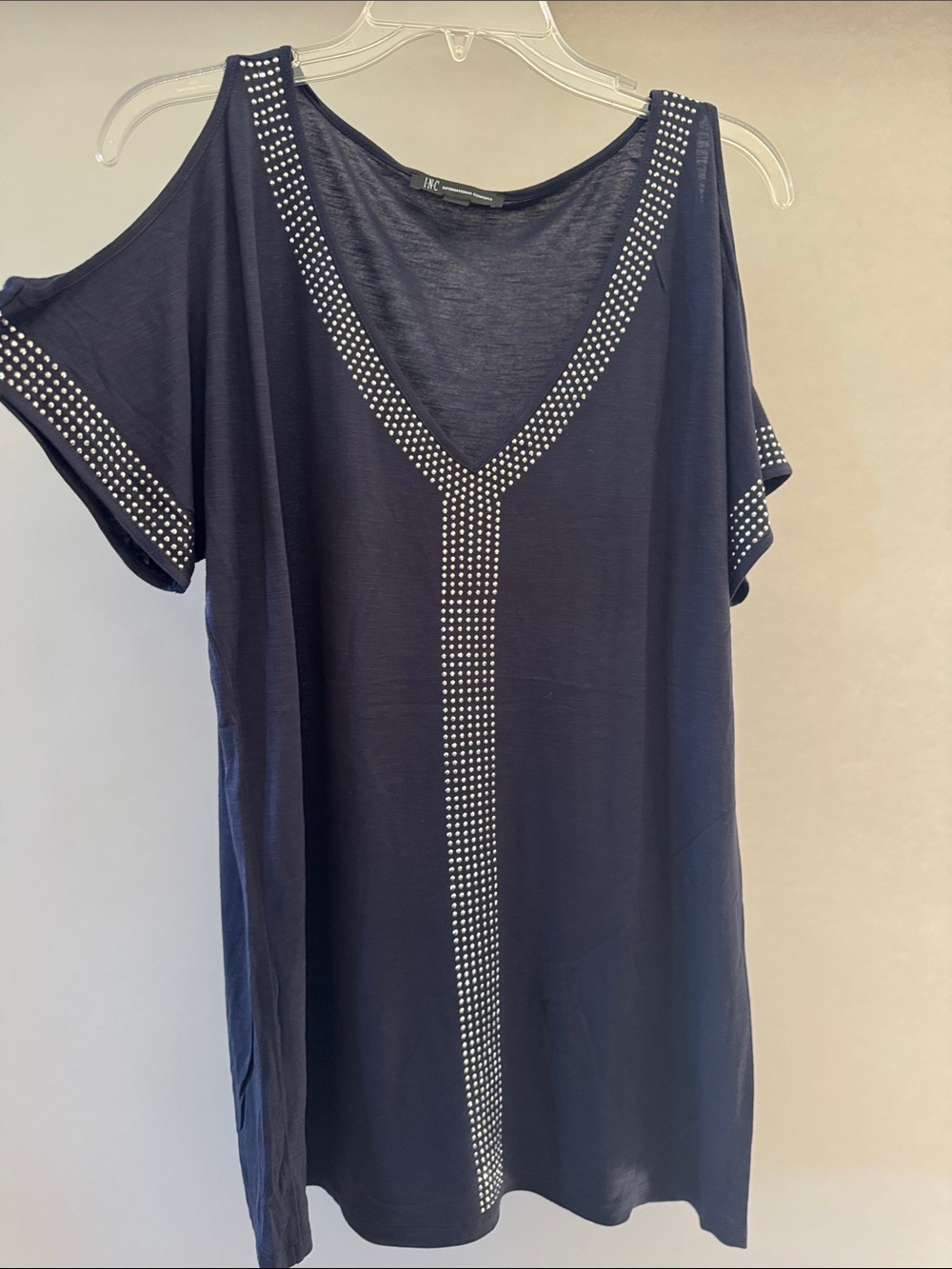 INC International Concepts Navy Cold-Shoulder Stud-Trim V-Neck Tunic